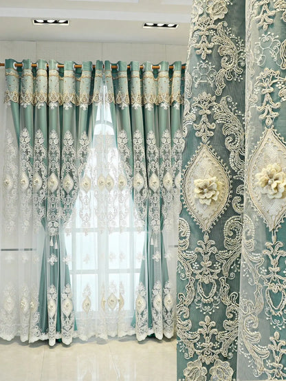 1PC Curtains,Luxury vintage-style embroidered curtains with 3D relief patterns, dual-layer design for privacy