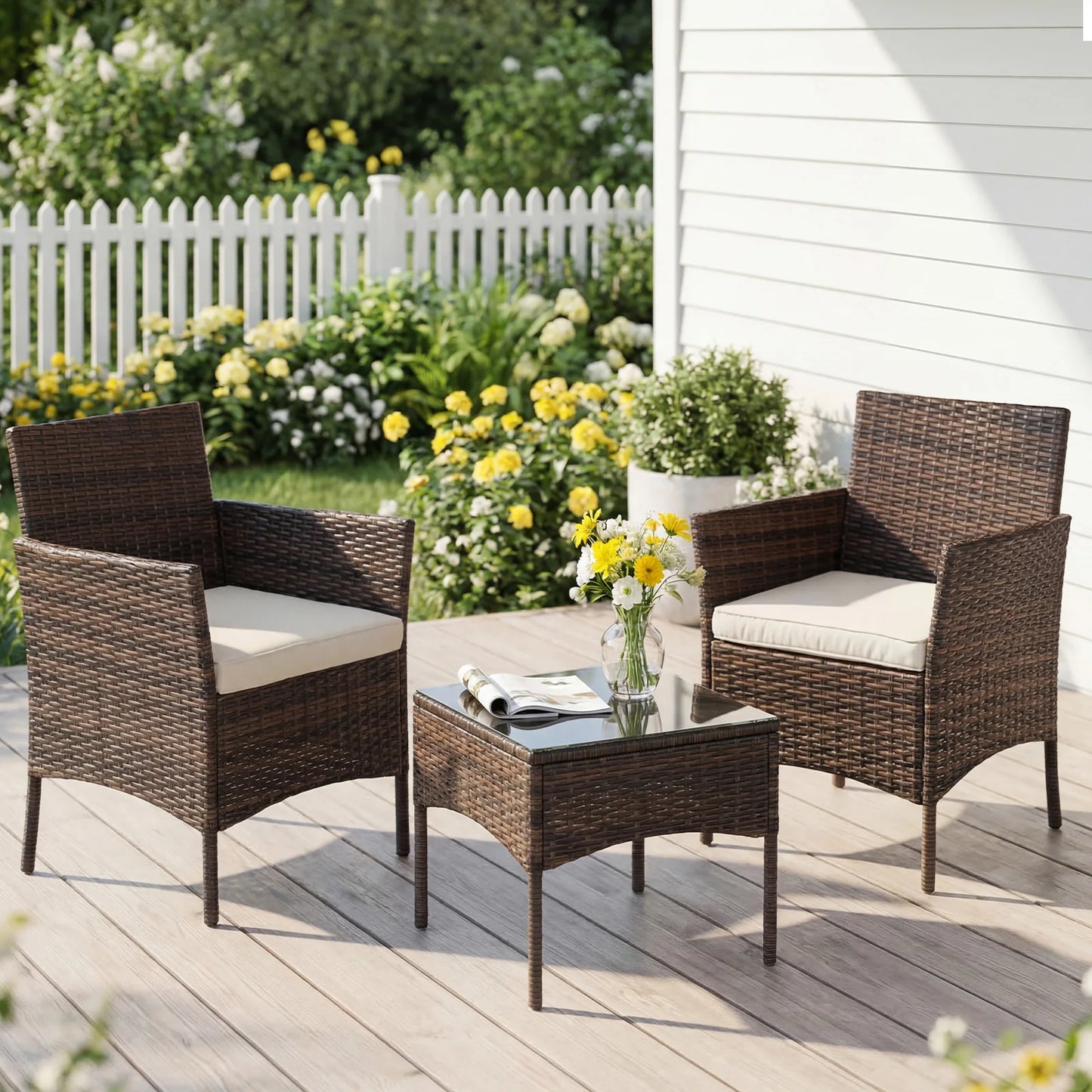 3 Pieces Patio Set Wicker Rattan Chairs with Table