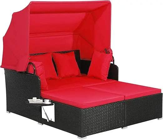 Patio Rattan Daybed Wicker  Lounger w/Retractable Canopy