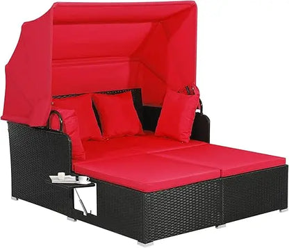 Patio Rattan Daybed Wicker  Lounger w/Retractable Canopy