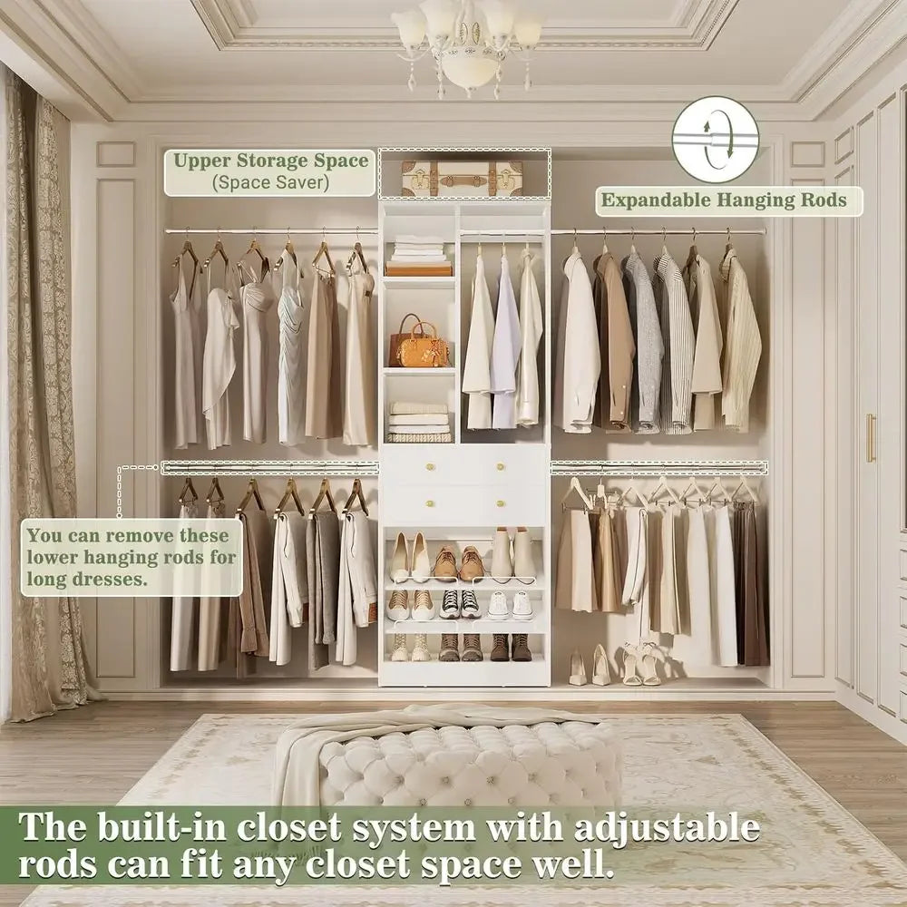 Walk-in Closet Organizer, 2 Shelves, Hanging Rods, White