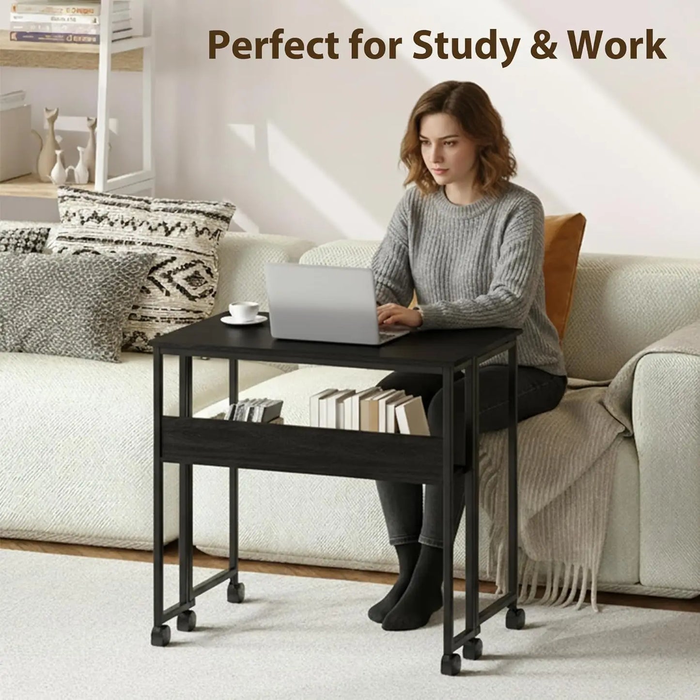 Laptop Table Storage, Sofa Table with Wheels