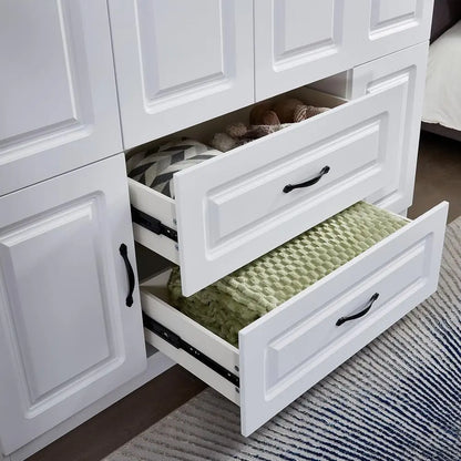 Large White Wooden 4-Door Wardrobe with 2 Drawers, Hanging Rails, and Shelves for Storage