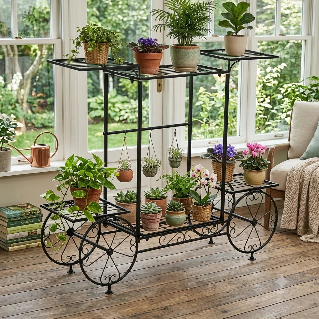 Garden Cart Stand Flower Pot Holder Display Rack