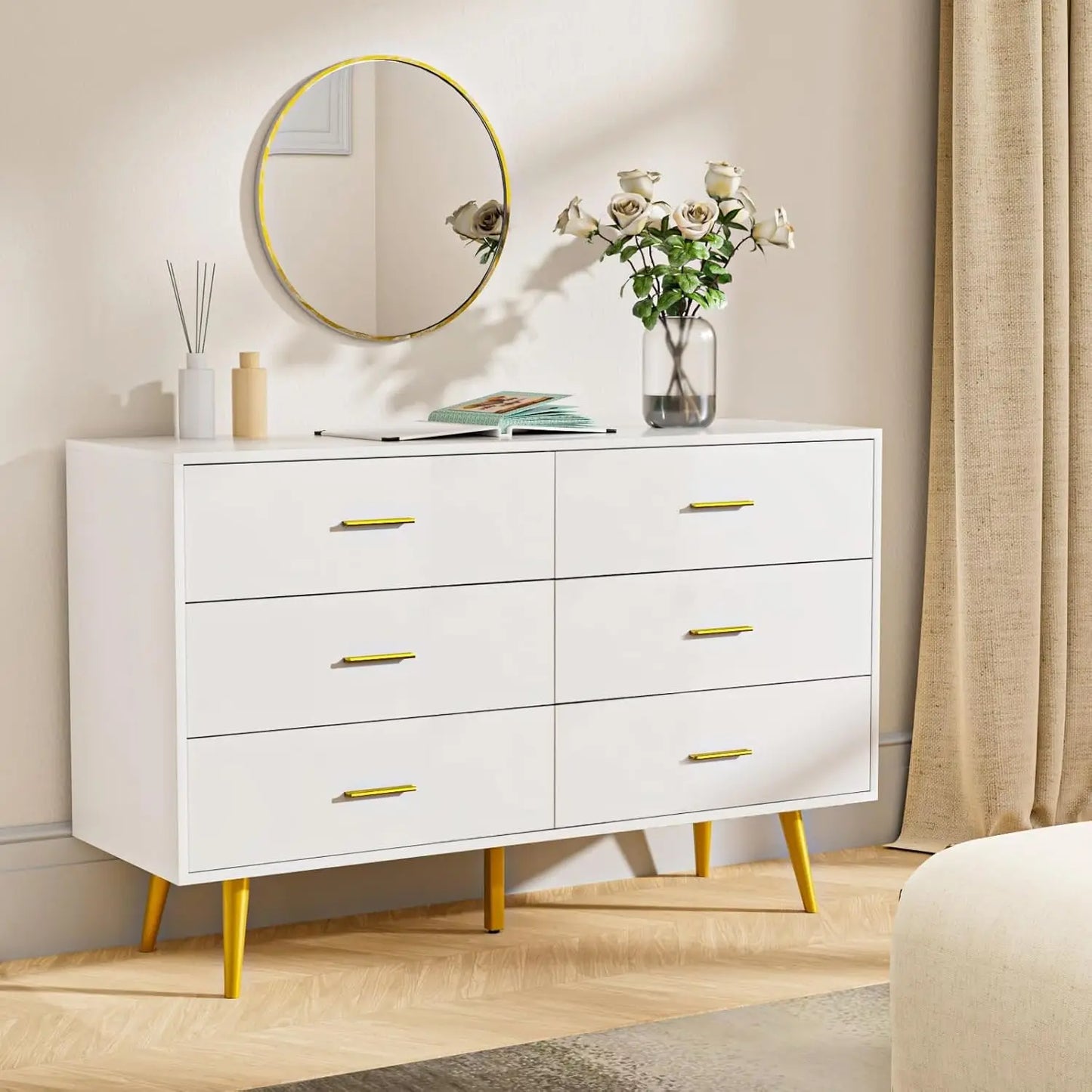 Walnut Brown Dresser for Bedroom, 6 Drawer Dresser Wood