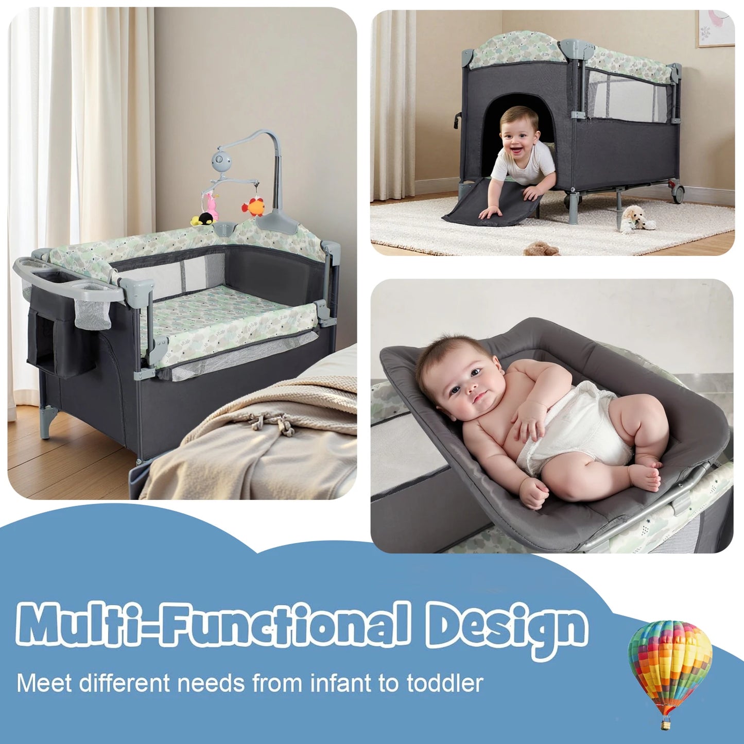 Pack n Play Portable Playard with Bassinet Baby Travel Crib with Changing Table Newborn to Toddler Folding Nursery Bed Playpen