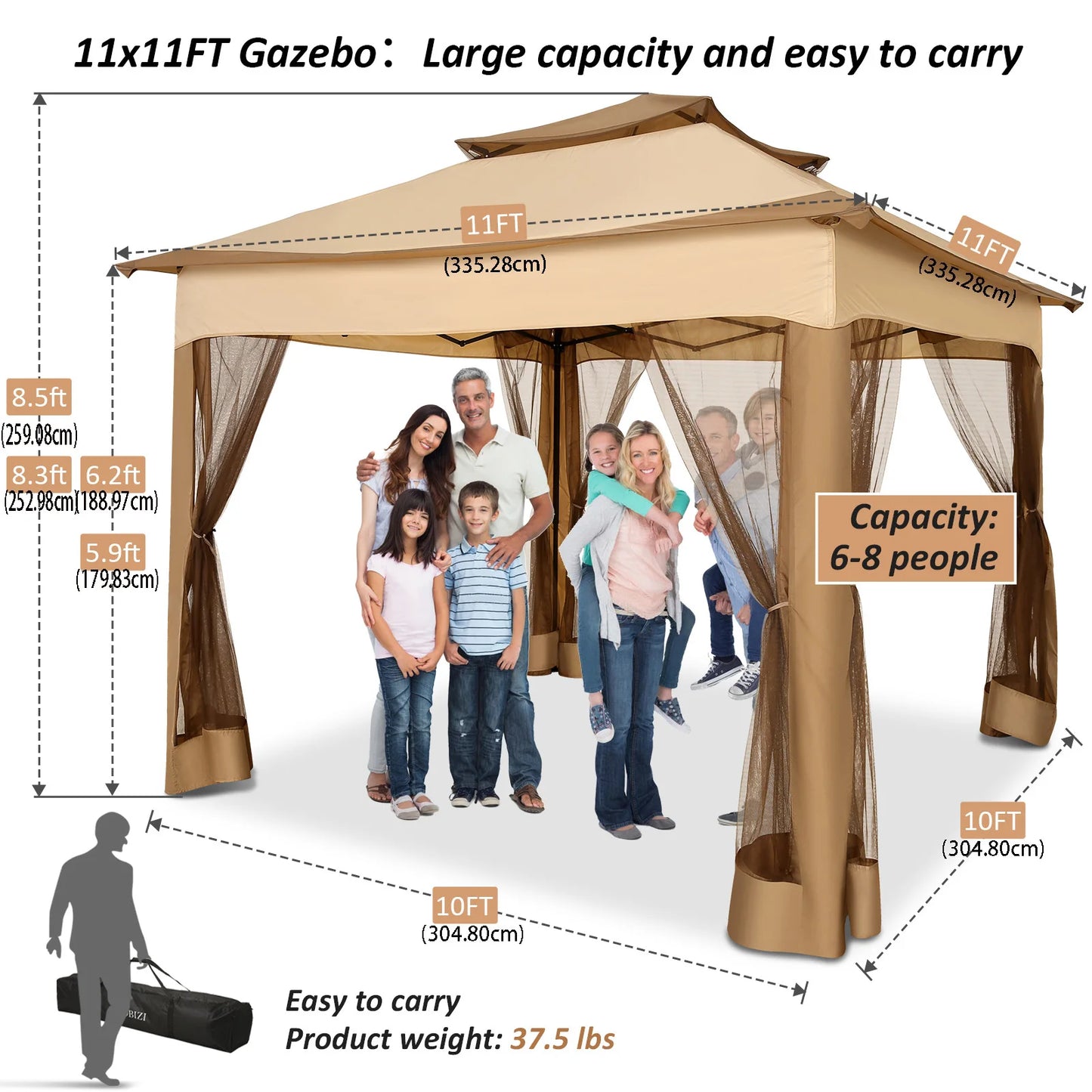 11x11 Pop Up Gazebo One-Push Canopy Tent with Mosquito Nettings,