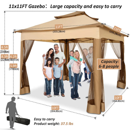 11x11 Pop Up Gazebo One-Push Canopy Tent with Mosquito Nettings,