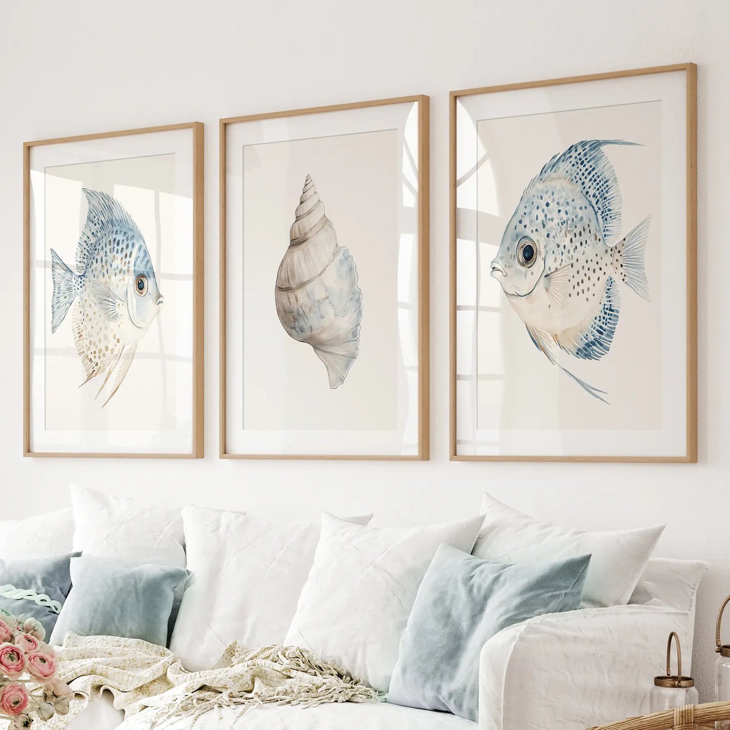 Trendy Nautical Wall Art Set of 3. Seashell and Fish Posters