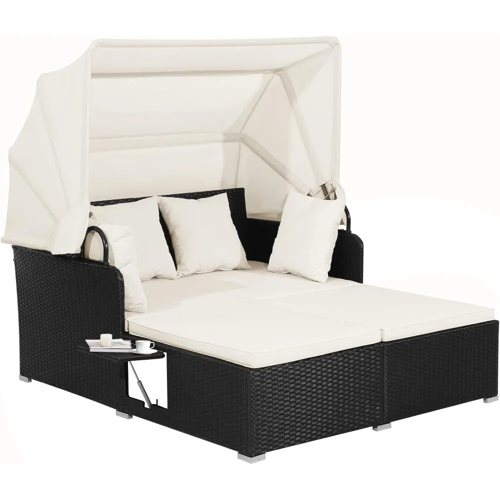 Patio Rattan Daybed Wicker  Lounger w/Retractable Canopy