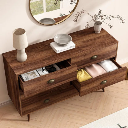 Walnut Brown Dresser for Bedroom, 6 Drawer Dresser Wood