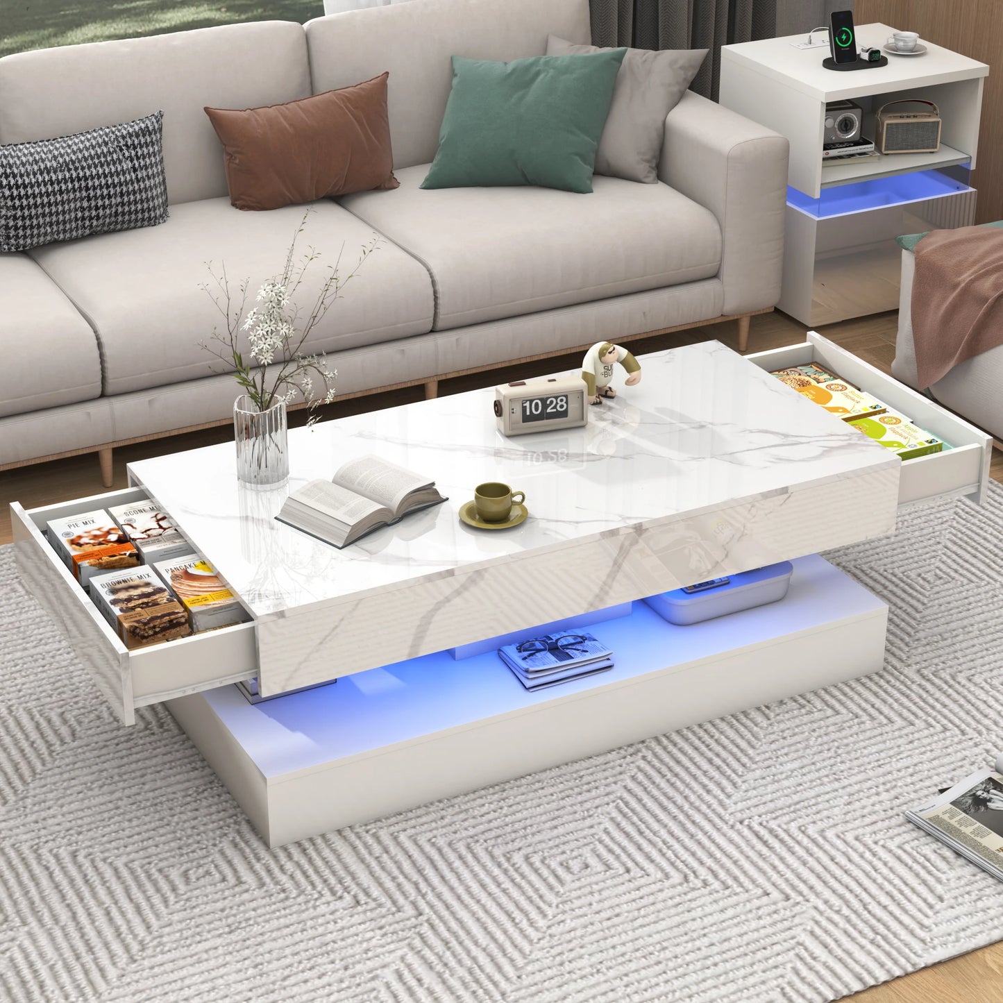 Stylish Coffee Table with LED lights, Double-Layer w/Drawers