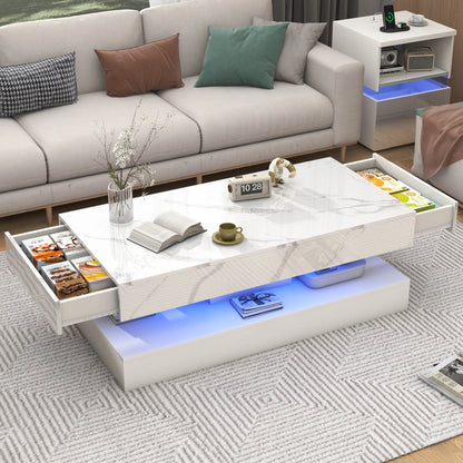 Stylish Coffee Table with LED lights, Double-Layer w/Drawers