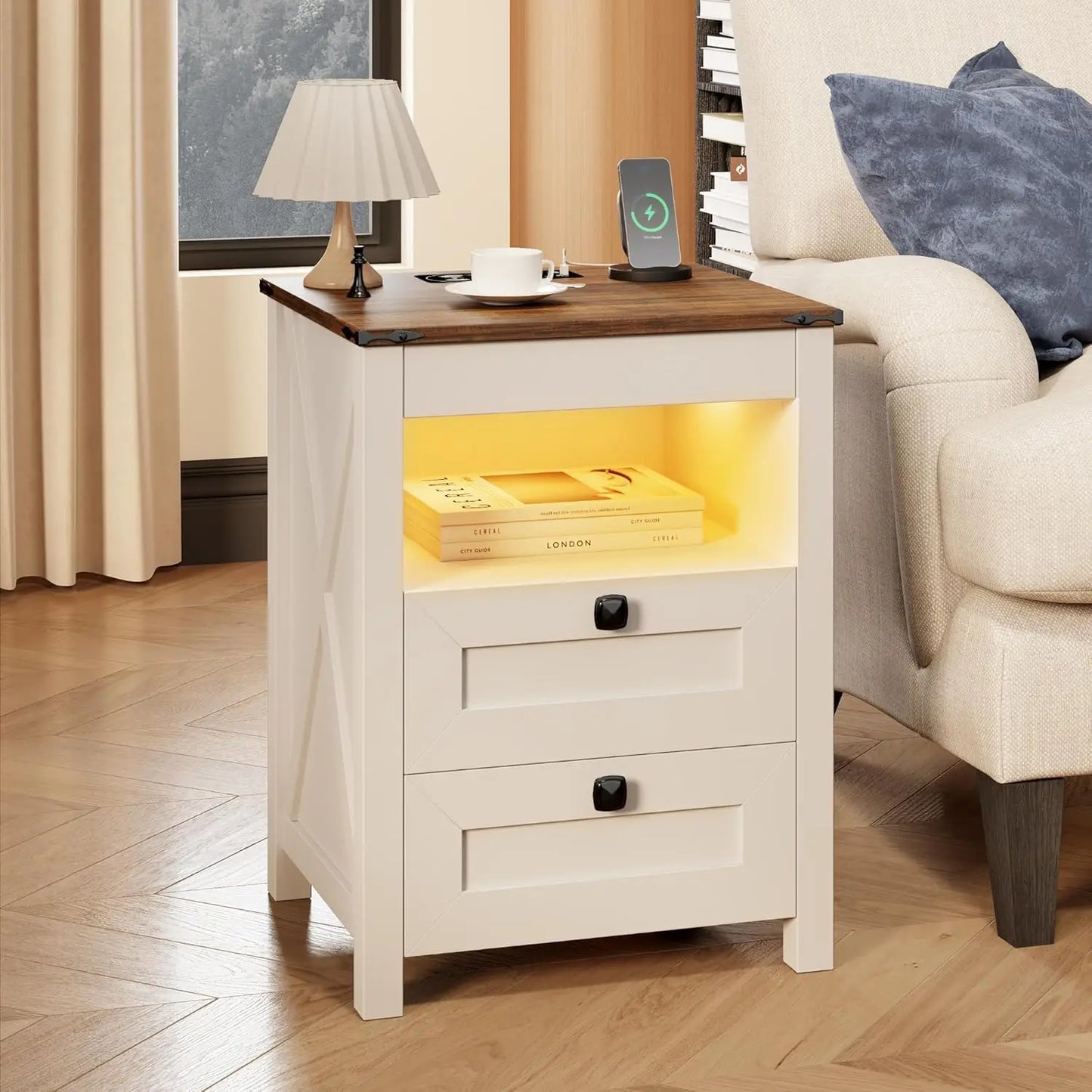 LED Nightstand with Gun Drawer: Bedside Table with Charging Station