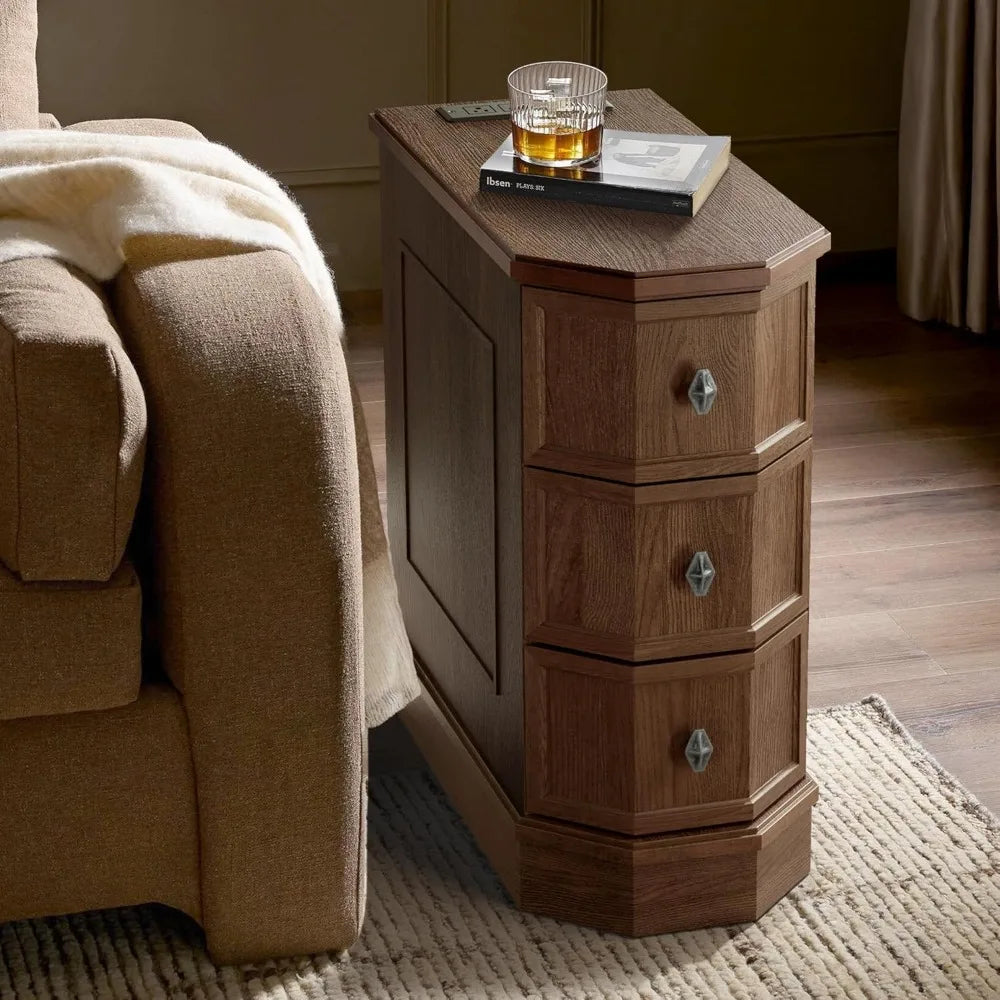 Nightstand with Charging Station Vintage Wood End Table