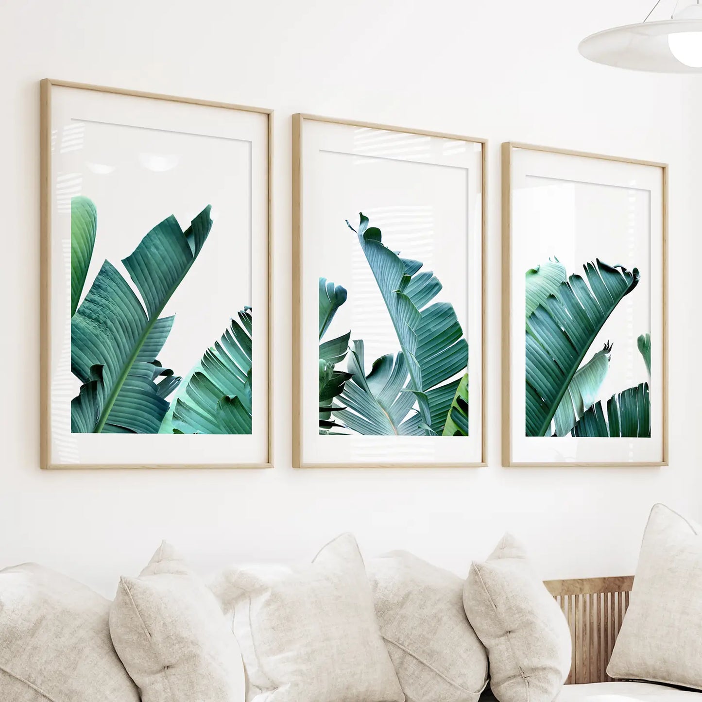 Green Banana Leaves Tropical Wall Art - 3 Piece Set.