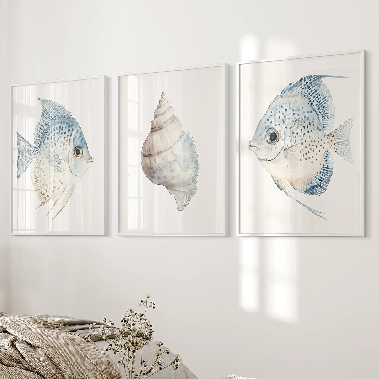 Trendy Nautical Wall Art Set of 3. Seashell and Fish Posters