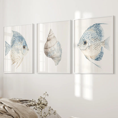 Trendy Nautical Wall Art Set of 3. Seashell and Fish Posters