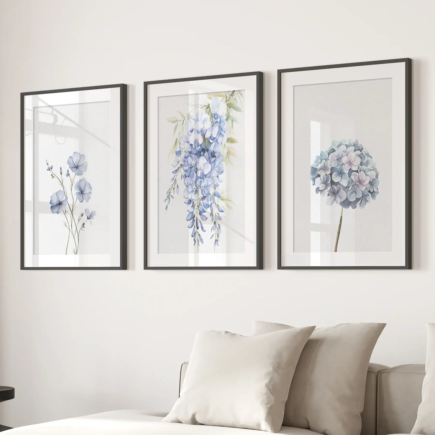 Set of 3 Blue Watercolor Minimalist Flower Prints