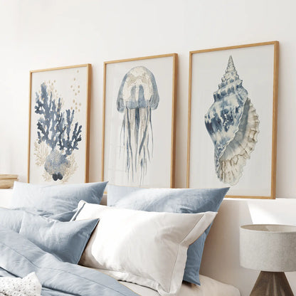 Beach House Blue Coral, Jellyfish, Shell Wall Art
