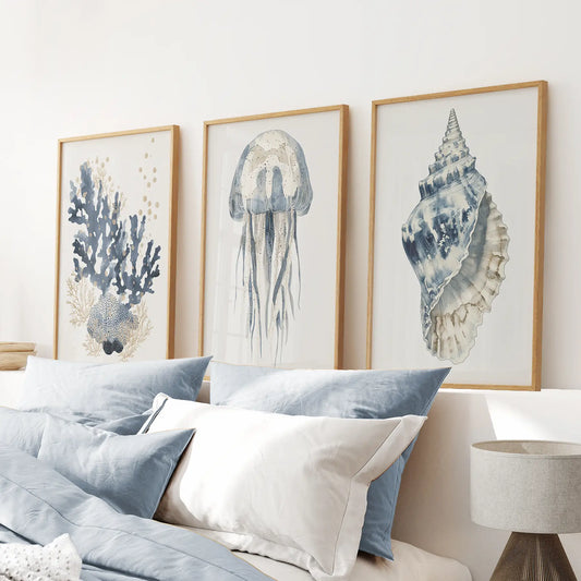 Beach House Blue Coral, Jellyfish, Shell Wall Art