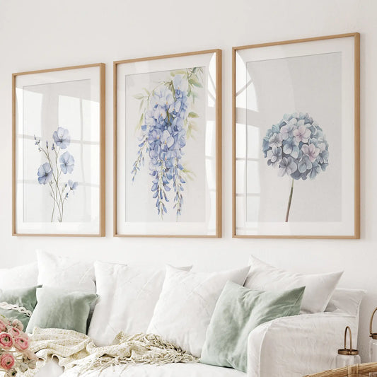 Set of 3 Blue Watercolor Minimalist Flower Prints