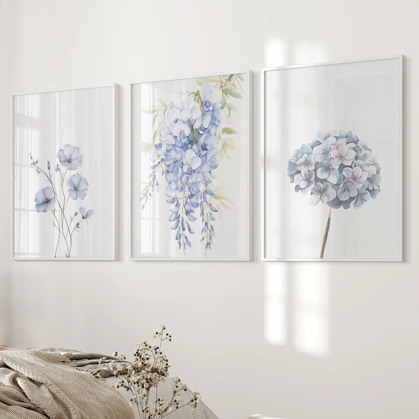 Set of 3 Blue Watercolor Minimalist Flower Prints