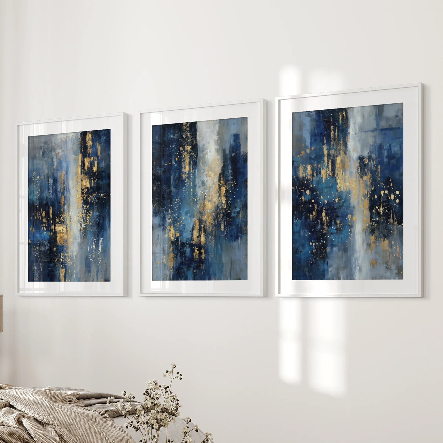 Navy Blue and Gold Triptych Sparkle Oil Painting Prints