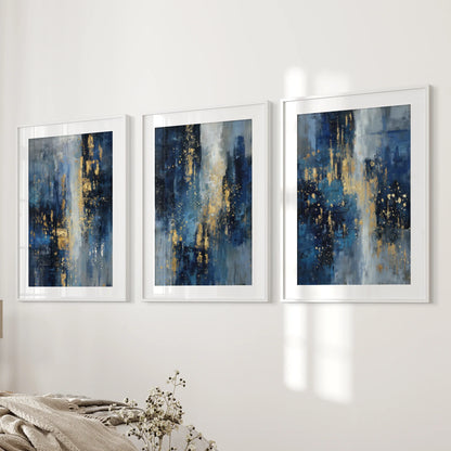 Navy Blue and Gold Triptych Sparkle Oil Painting Prints
