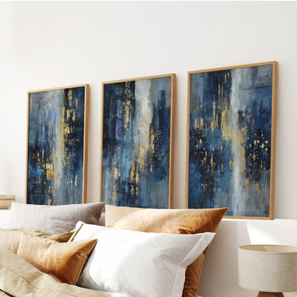 Navy Blue and Gold Triptych Sparkle Oil Painting Prints