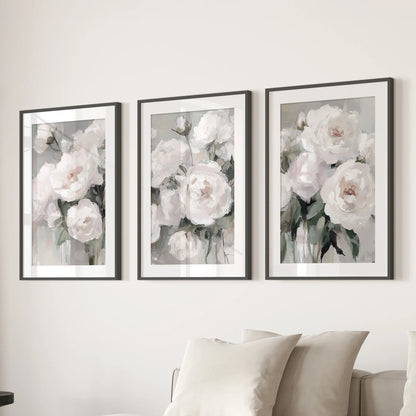 Romantic White Flower Peony Painting Print 3 Piece Wall Art
