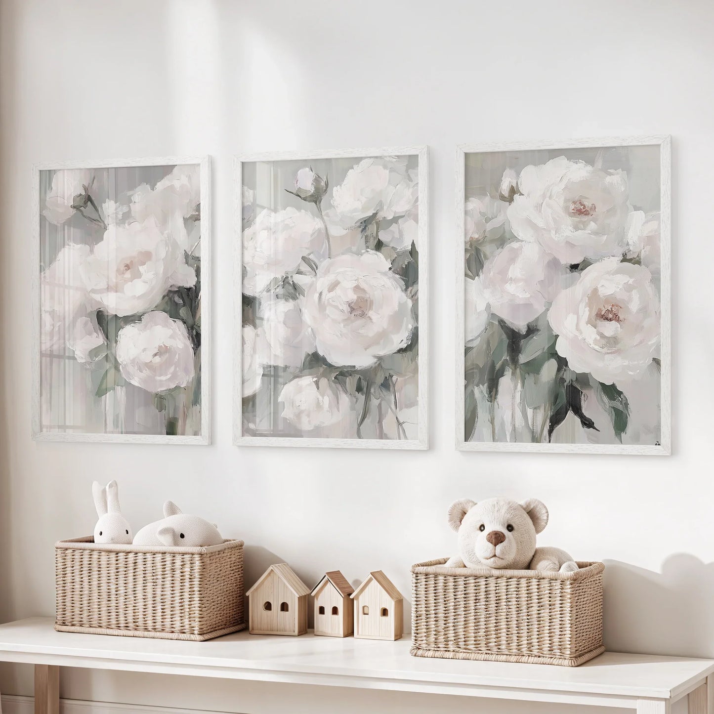 Romantic White Flower Peony Painting Print 3 Piece Wall Art