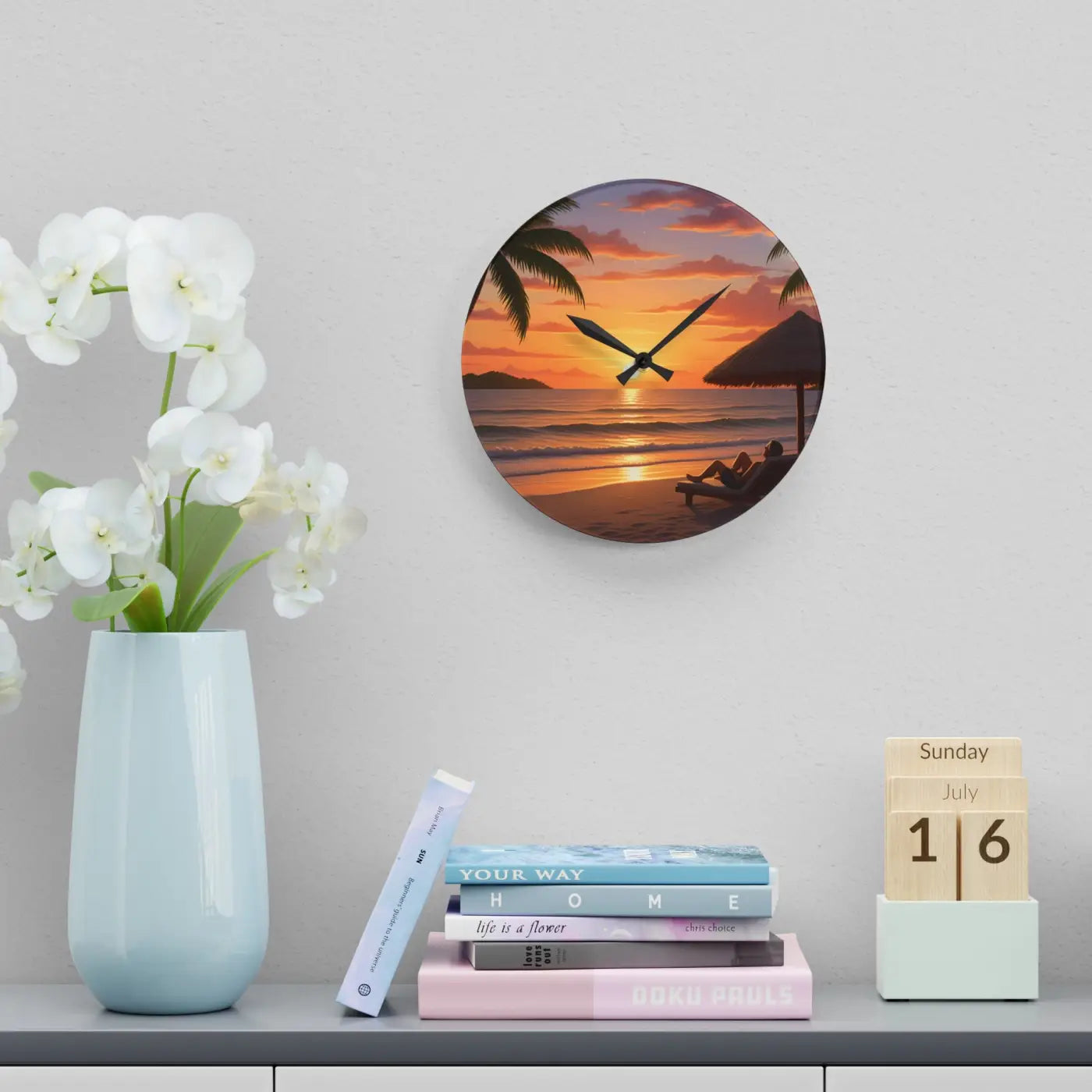 Tropical Sunset Beach Wall Clock – Acrylic Decor