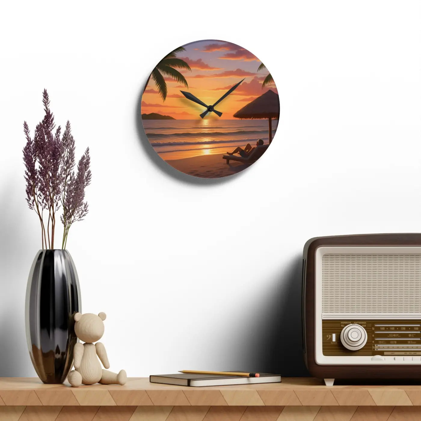 Tropical Sunset Beach Wall Clock – Acrylic Decor