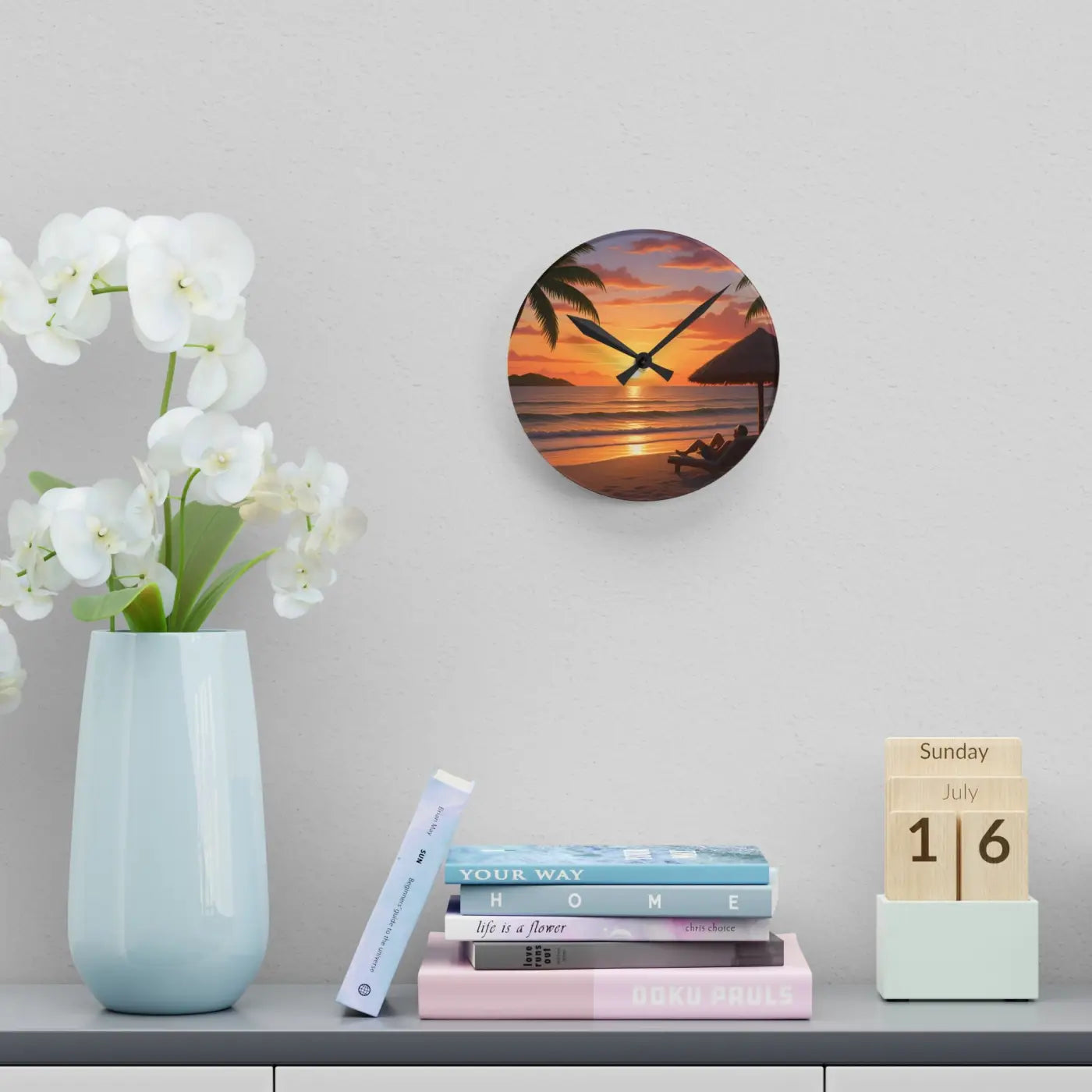 Tropical Sunset Beach Wall Clock – Acrylic Decor