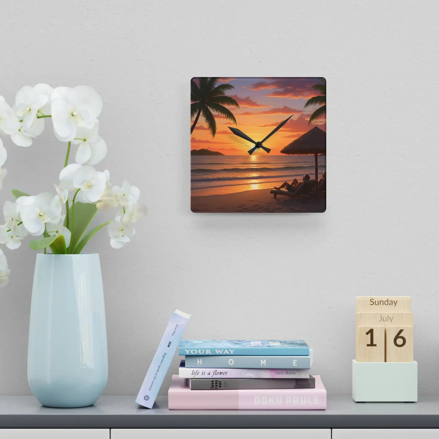 Tropical Sunset Beach Wall Clock – Acrylic Decor