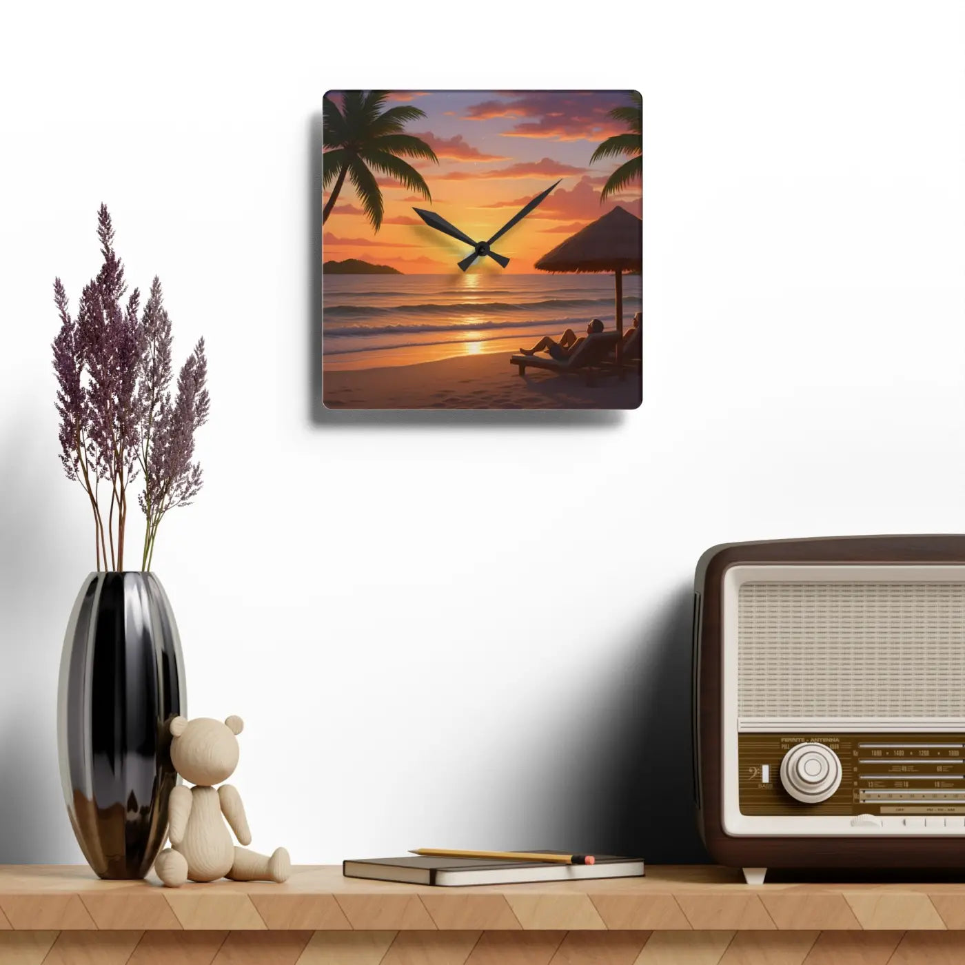 Tropical Sunset Beach Wall Clock – Acrylic Decor