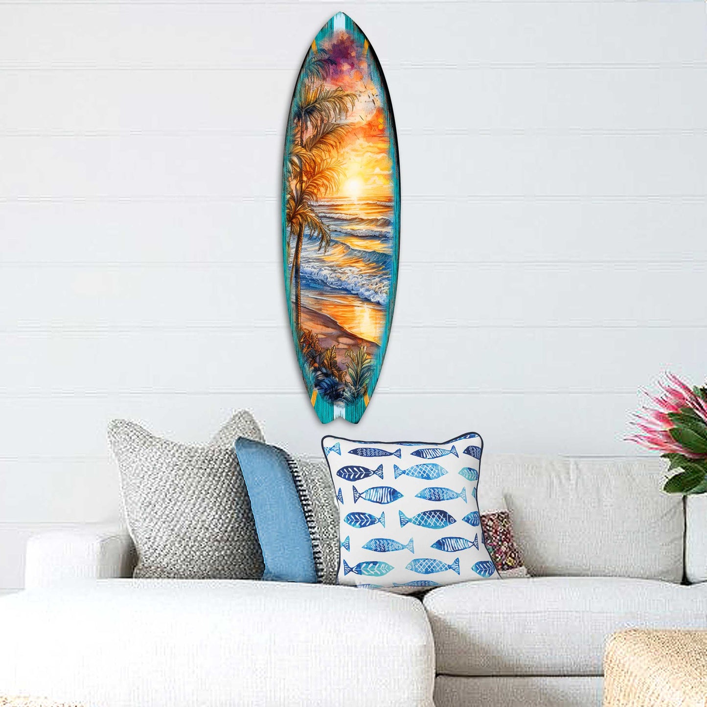 Surfboard Coastal - Golden Waves Ocean Sunset Wall Art