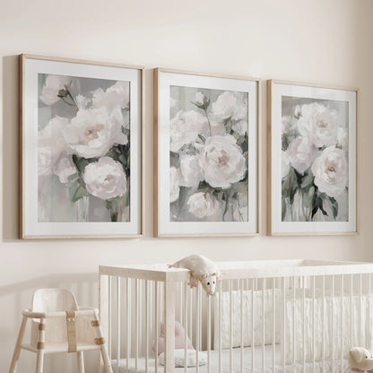 Romantic White Flower Peony Painting Print 3 Piece Wall Art
