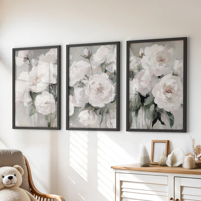 Romantic White Flower Peony Painting Print 3 Piece Wall Art