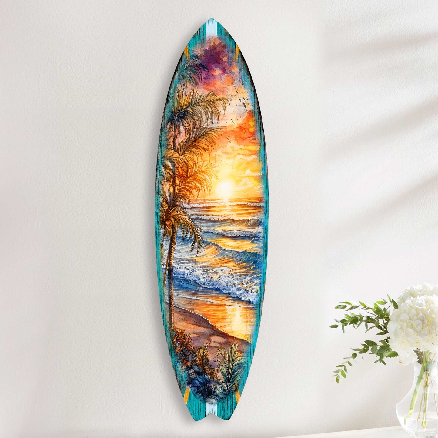 Surfboard Coastal - Golden Waves Ocean Sunset Wall Art