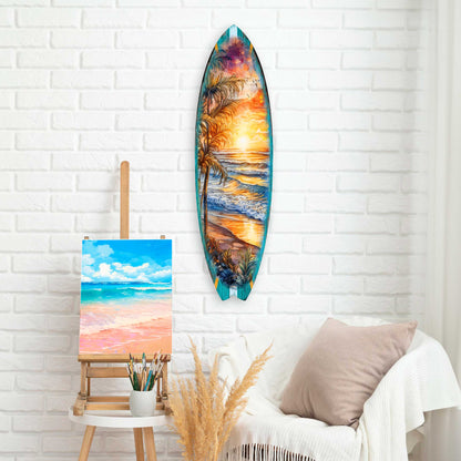 Surfboard Coastal - Golden Waves Ocean Sunset Wall Art