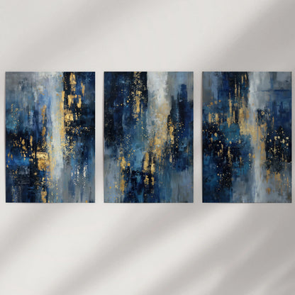 Navy Blue and Gold Triptych Sparkle Oil Painting Prints