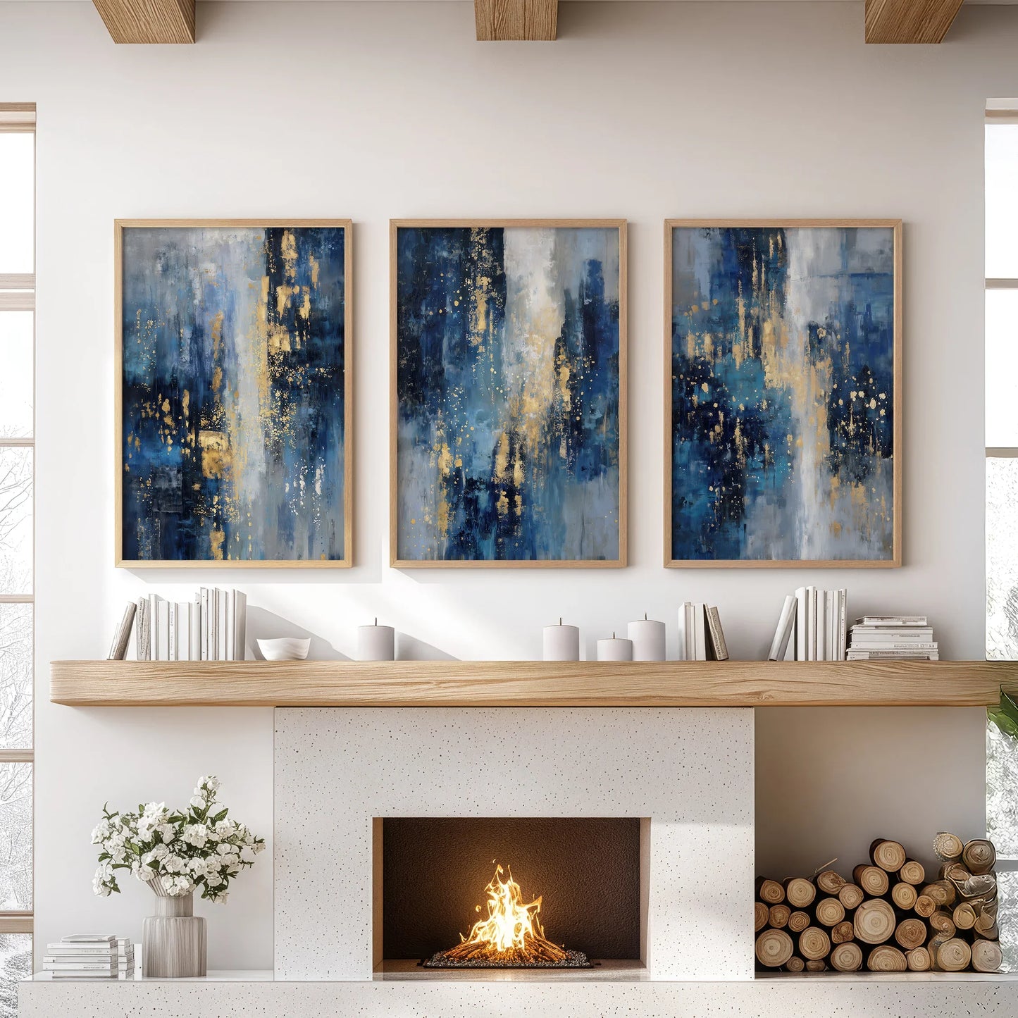 Navy Blue and Gold Triptych Sparkle Oil Painting Prints