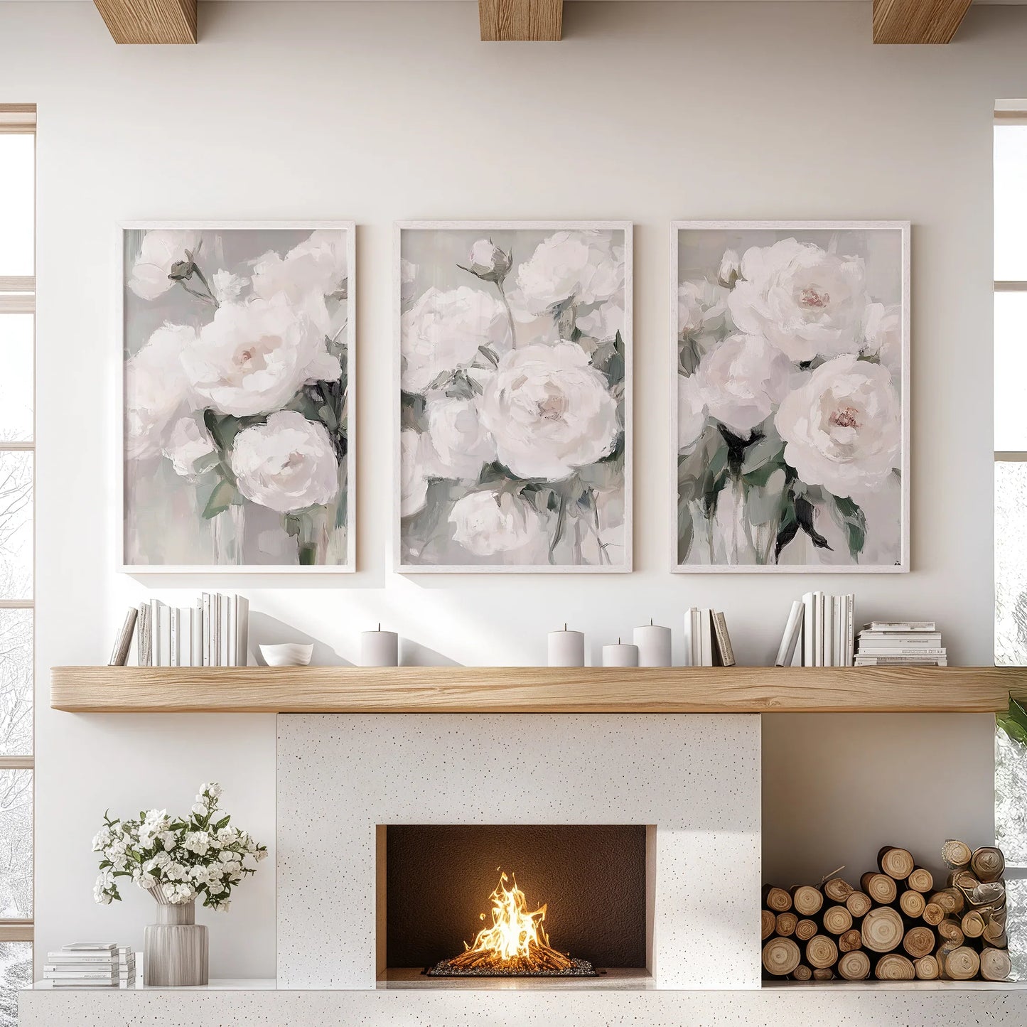 Romantic White Flower Peony Painting Print 3 Piece Wall Art
