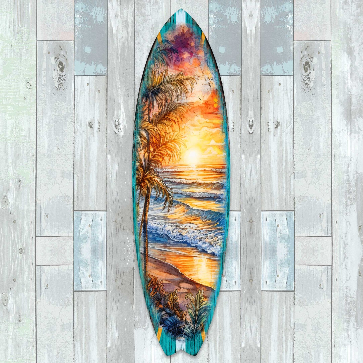 Surfboard Coastal - Golden Waves Ocean Sunset Wall Art