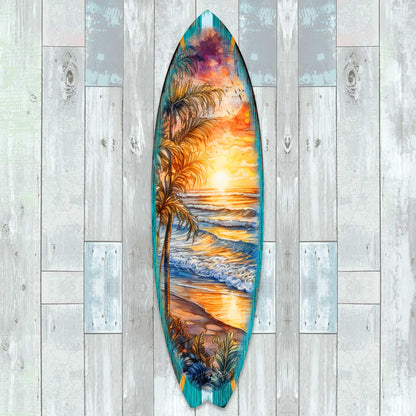 Surfboard Coastal - Golden Waves Ocean Sunset Wall Art