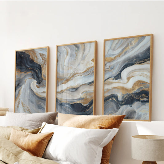 3 Piece Modern Abstract Marble Wall Art: Navy Blue and Gold