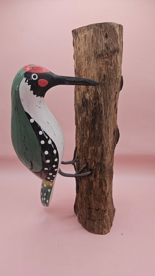 Hand-Painted Woodpecker on Natural Wood (3 Color Options)