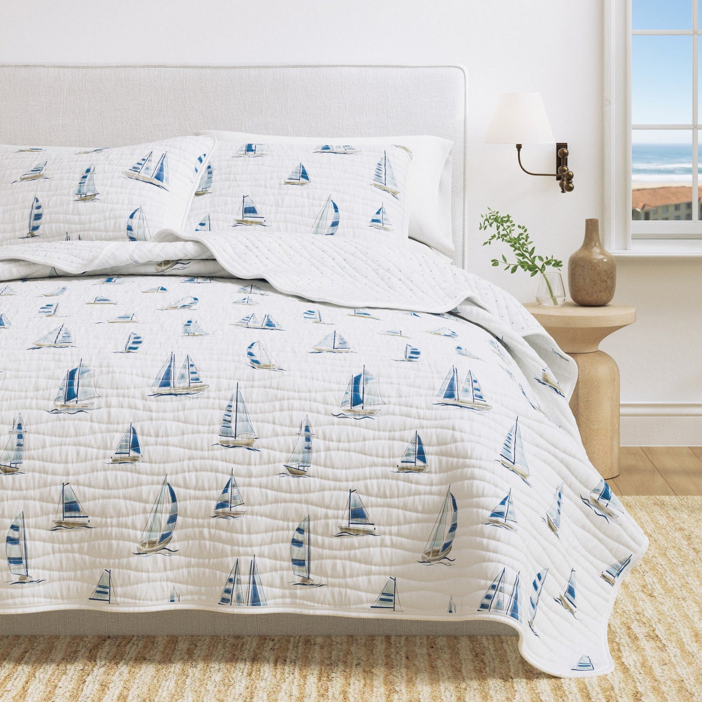Coastal Blue Sailboat Quilt Set